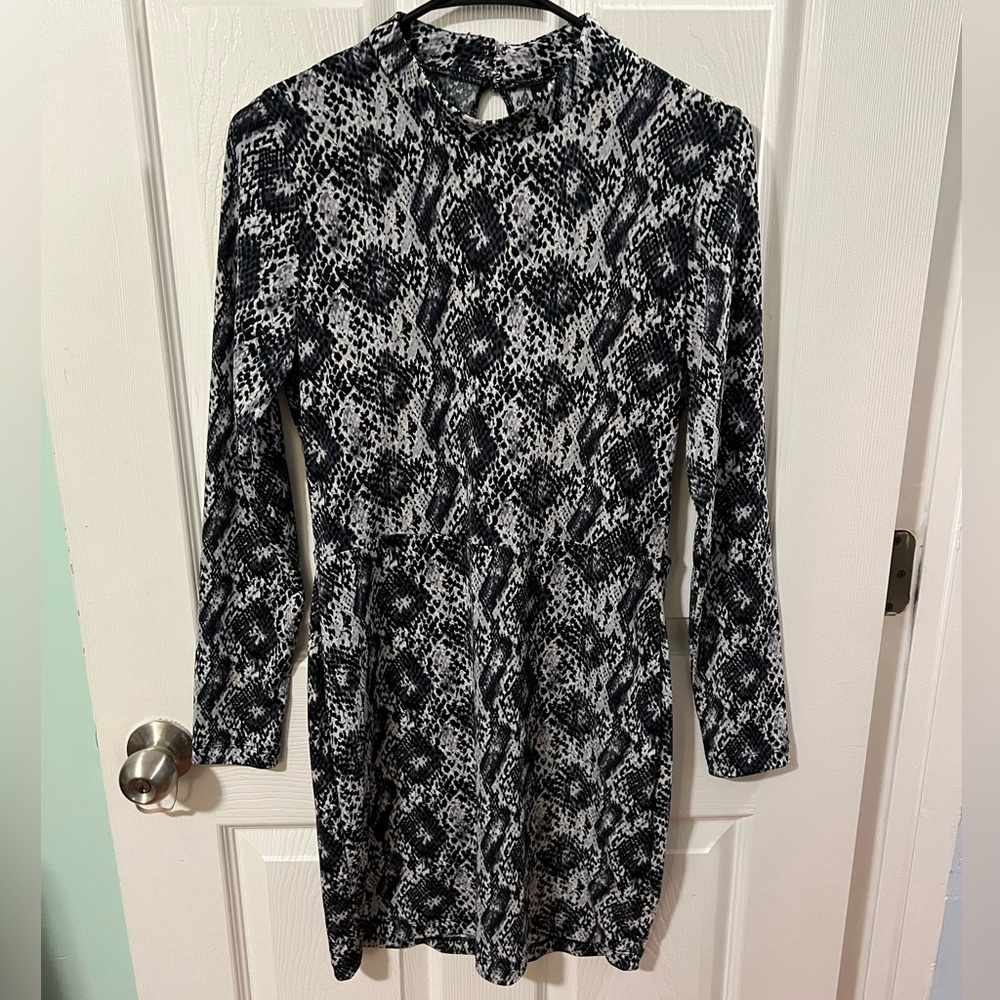 H&M Divided snake print, mock-neck bodycon long sleeve open back mini dress.
